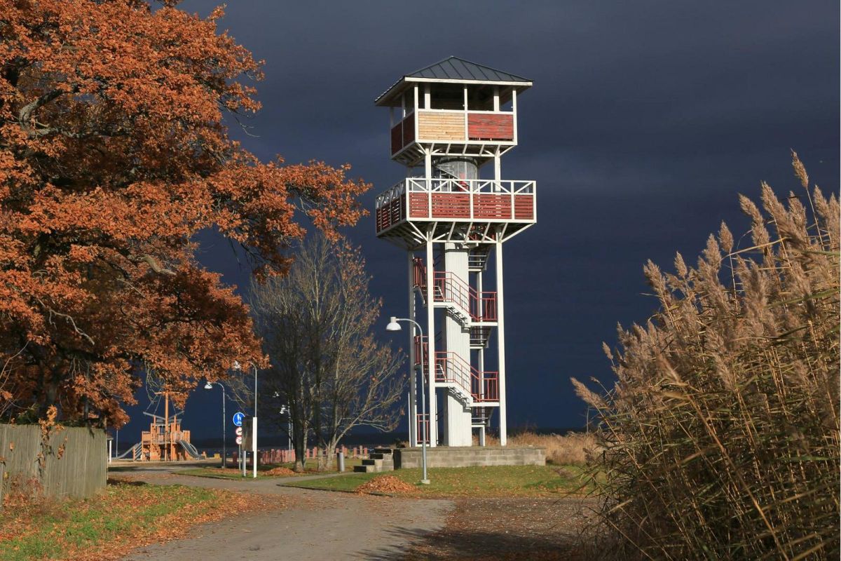 Хаапсалуский залив Тагалахт и смотровая вышка для наблюдения за птицами на улице Променаади