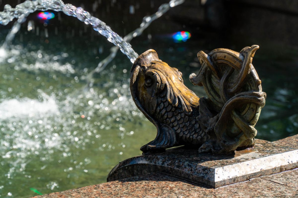 Фонтан с подсветкой у стеклянного моста